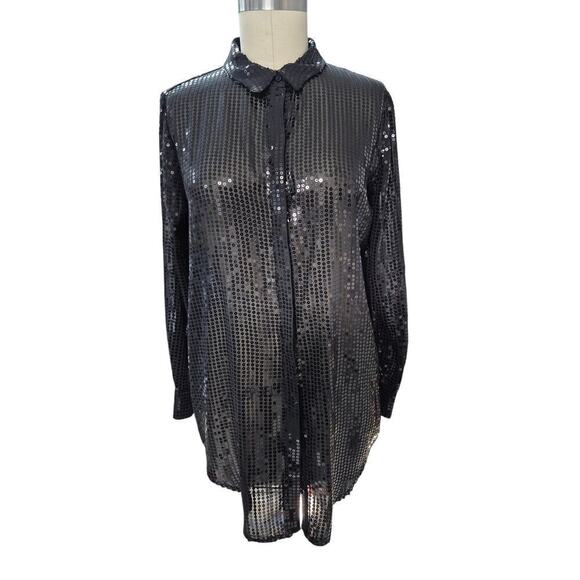 DKNY sheer black fully sequined shirt Blouse tunic Sz m/L Party Cocktail Formal - Picture 1 of 6